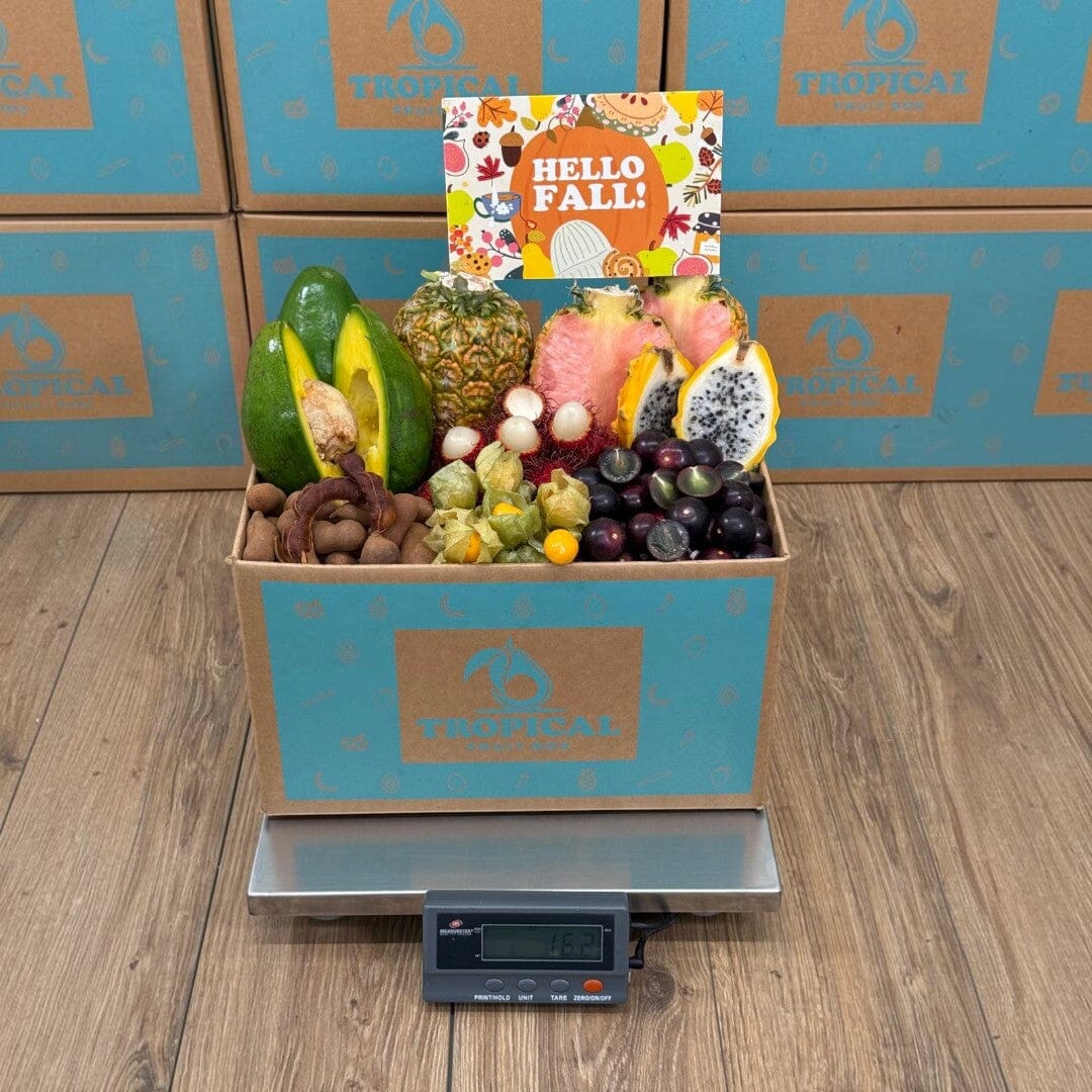 Tropical Fruit Box Fall Feast gift box filled with assorted exotic fruits including pink pineapple, avocado, and dragon fruit.