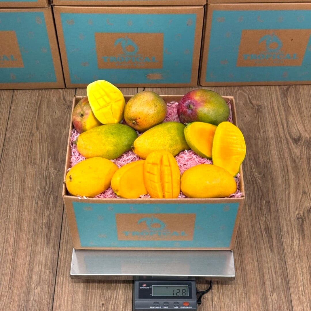 Tropical Fruit Box offers a 12lb box of 12-15 fresh, ripe mangoes in various colors including yellow, green, and red.