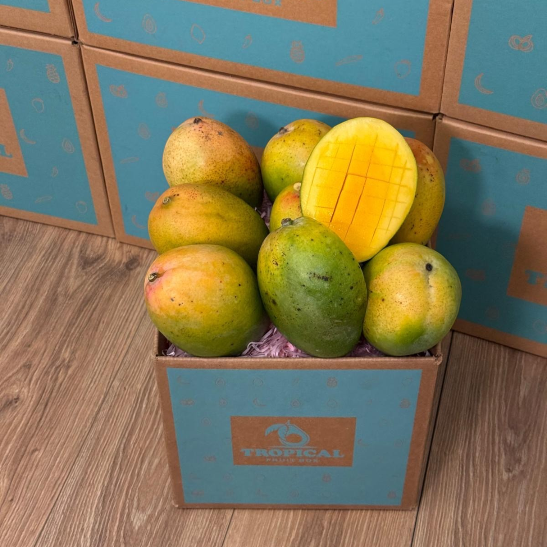 Tropical Fruit Box Kent mangoes with greenish-yellow skin and one sliced half showing juicy orange flesh in a box