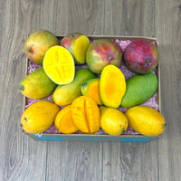 Thumbnail for Tropical Fruit Box offers a dozen ripe mangoes in various colors including green, yellow, and red, with some sliced to show vibrant orange flesh.