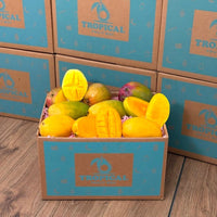 Thumbnail for Tropical Fruit Box with 12-15 ripe mangoes, some sliced to show vibrant orange flesh.