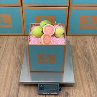 Thumbnail for Tropical Fruit Box pink guavas, some whole and some halved, showing vibrant pink flesh and seeds, nestled in pink crinkle paper.