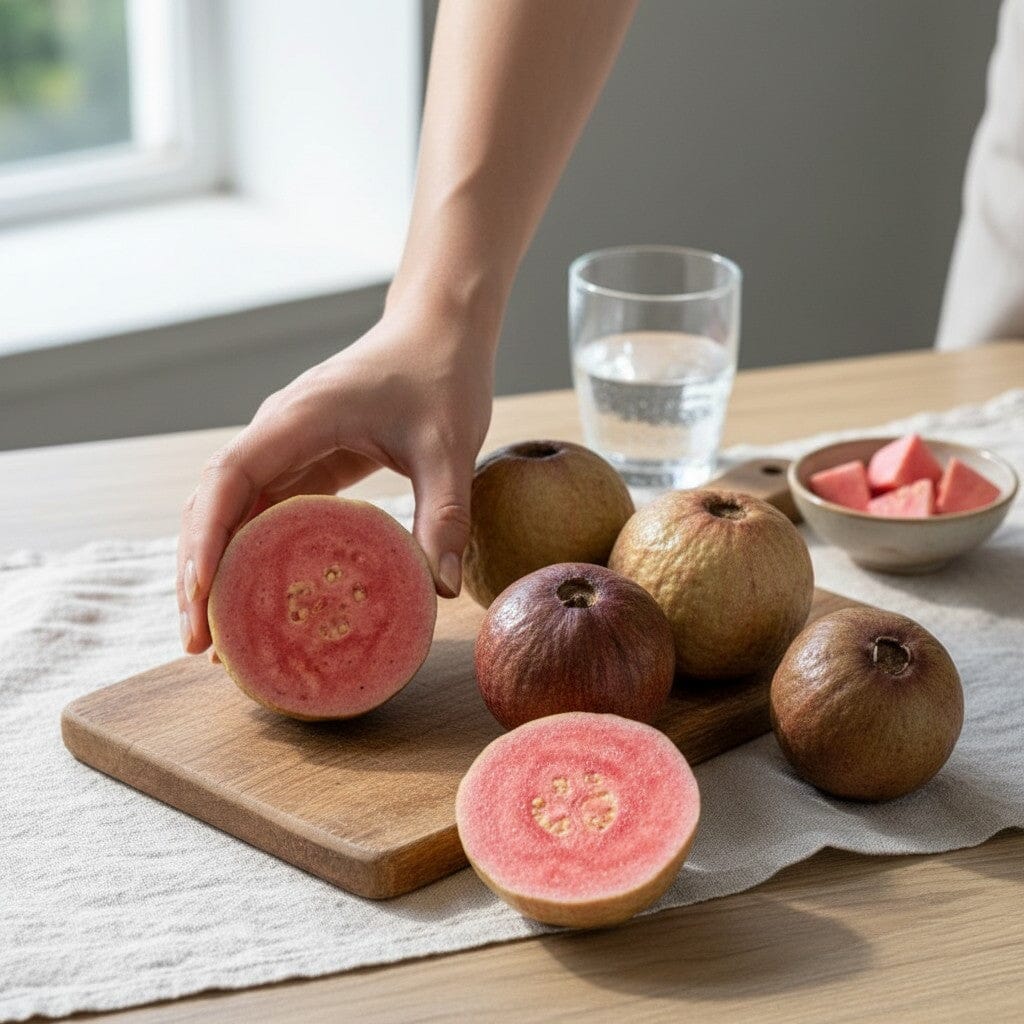 Tropical Fruit Box box of 6 purple guavas, one cut in half revealing pink flesh. Sweet, juicy, and fragrant tropical fruit.